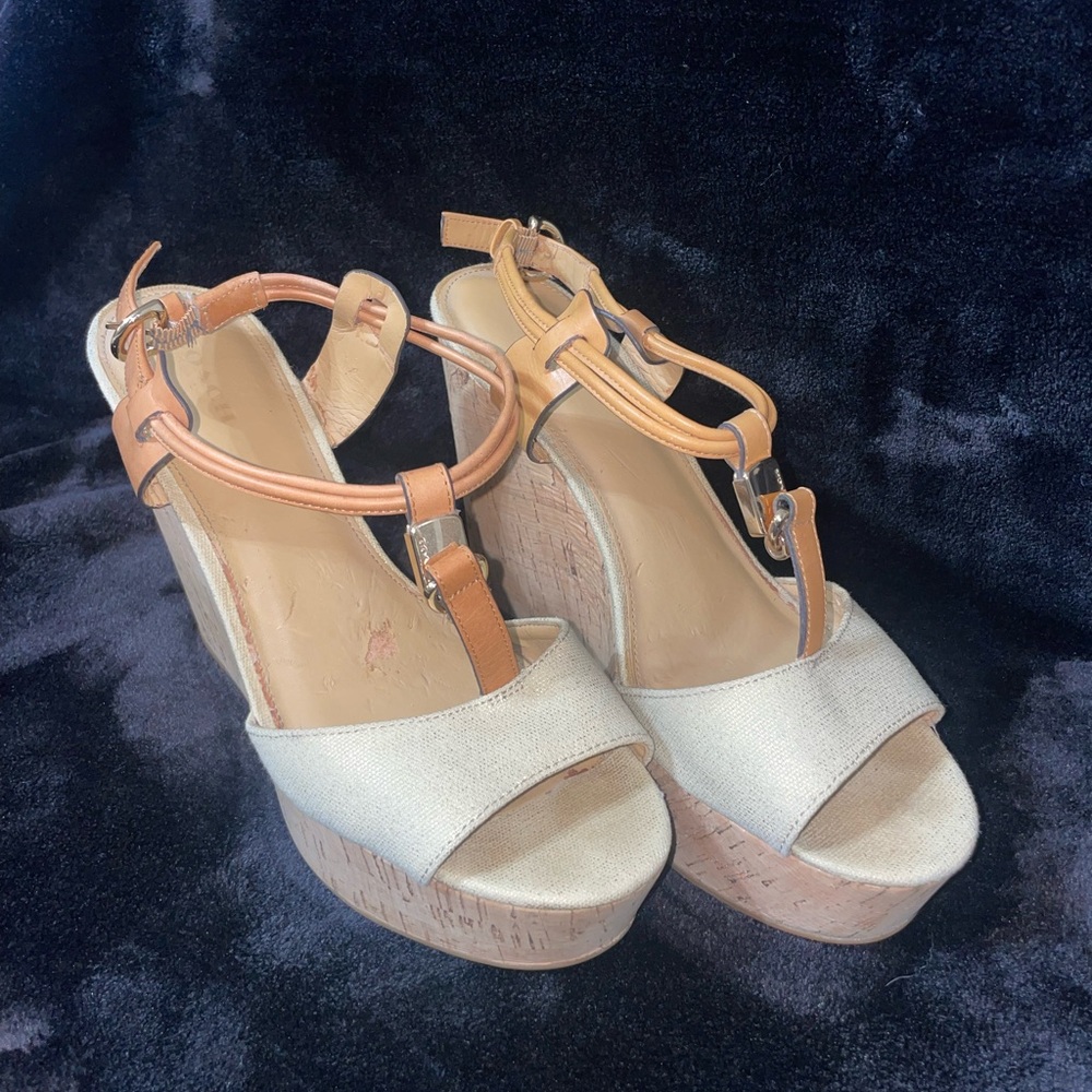 Elegant Coach Cream and Tan Wedge Sandals